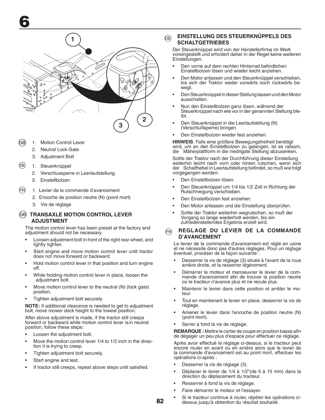 McCulloch LZ145H92RBK Einstellung DES Steuerknüppels DES, Schaltgetriebes, Transaxle Motion Control Lever Adjustment 