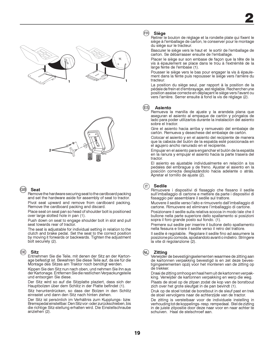 McCulloch FL12597, UN15597SBK, UN135B92, UN115B97, LZ1297, UN16097SBK, LZ13597AK Seat, Sitz, Siège, Asiento, Sedile, Zitting 