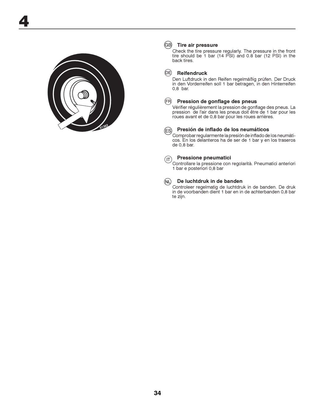 McCulloch P11597 Tire air pressure, Reifendruck, Pression de gonflage des pneus, Presión de inflado de los neumáticos 