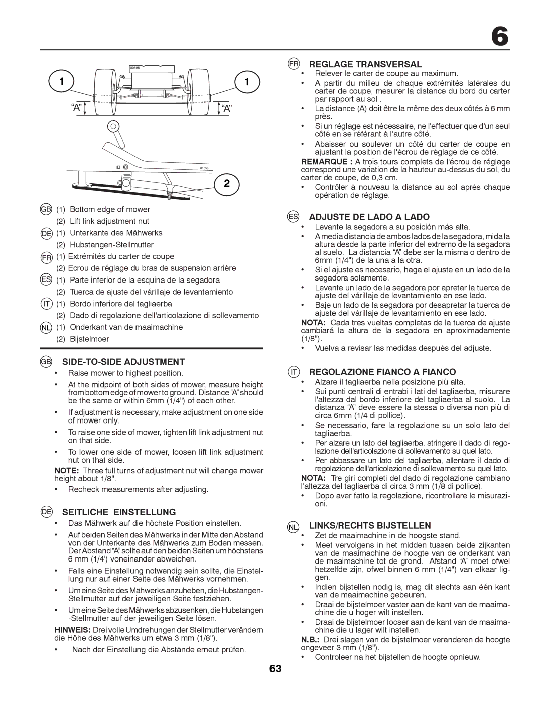 McCulloch P12592, UN15597SBK SIDE-TO-SIDE Adjustment, Seitliche Einstellung, Reglage Transversal, Adjuste DE Lado a Lado 