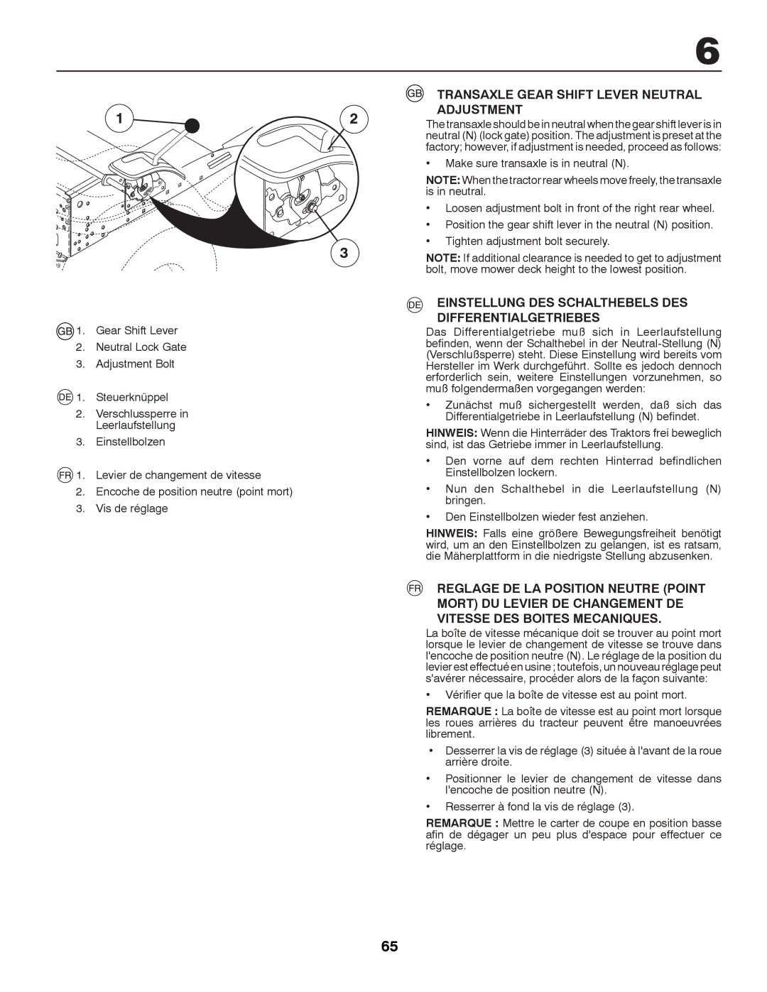 McCulloch MC11T92 Transaxle Gear Shift Lever Neutral Adjustment, Einstellung DES Schalthebels DES Differentialgetriebes 