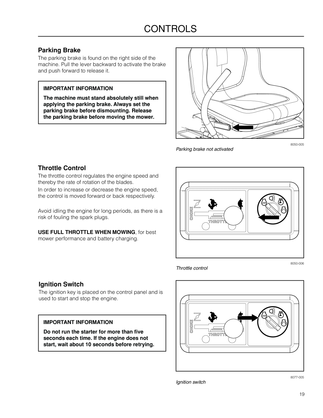 McCulloch 966564001, ZM3016 BF manual Parking Brake, Throttle Control, Ignition Switch, Controls, Important Information 