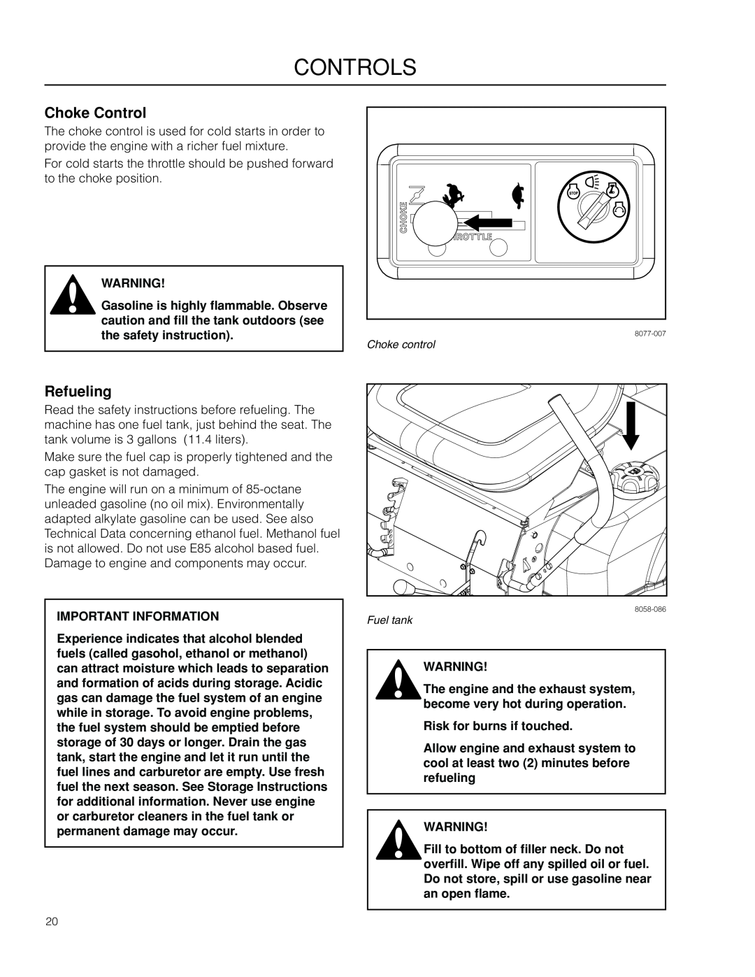 McCulloch ZM3016 BF, 966564001 manual Choke Control, Refueling, Risk for burns if touched, Controls, Important Information 