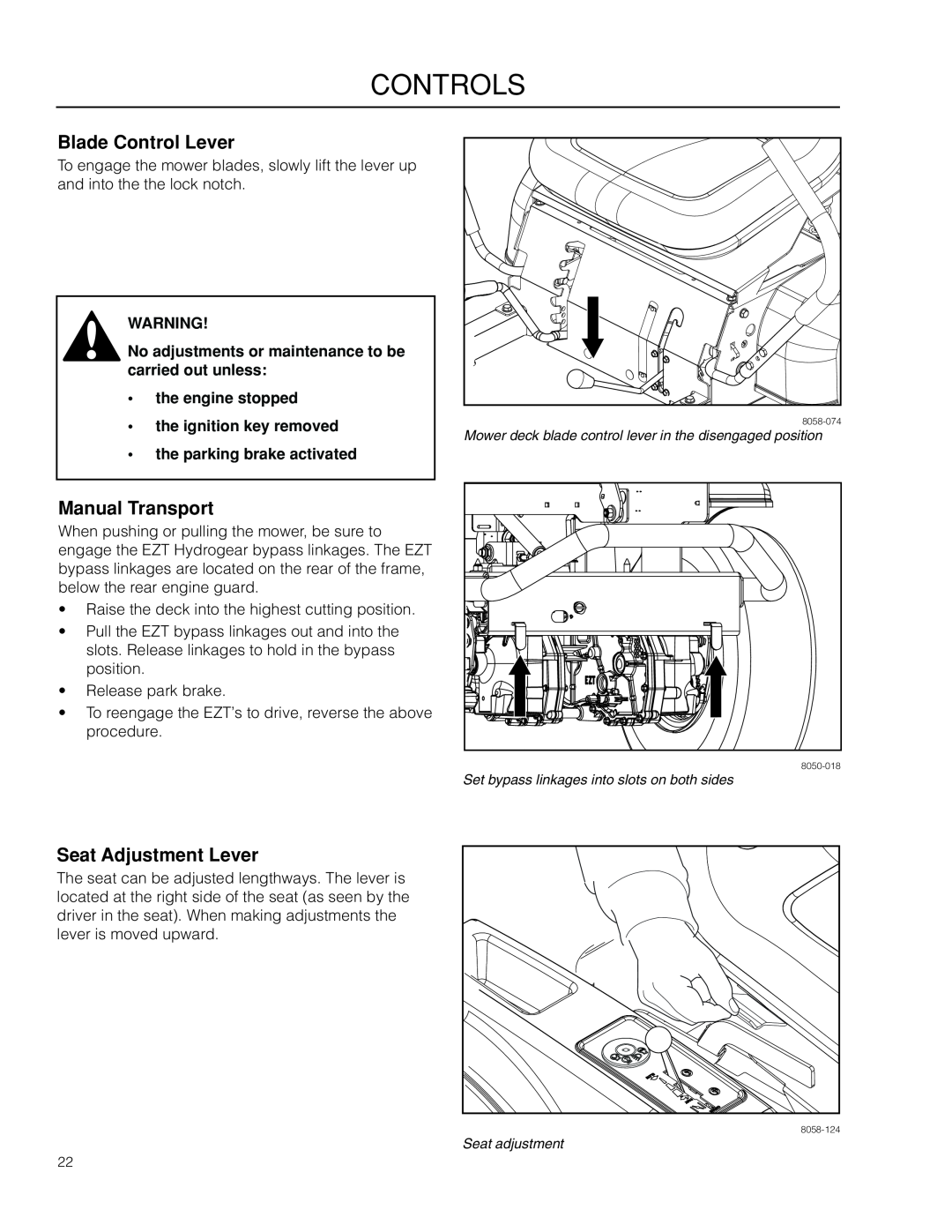 McCulloch ZM3016 BF Blade Control Lever, Manual Transport, Seat Adjustment Lever, the parking brake activated, Controls 