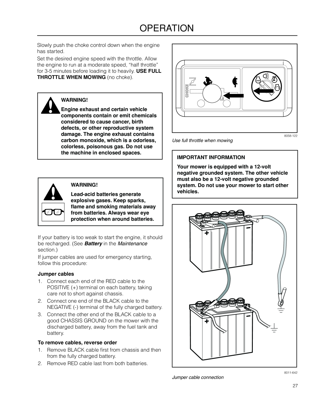 McCulloch 966564001, ZM3016 BF manual Jumper cables, To remove cables, reverse order, operation, Important Information 