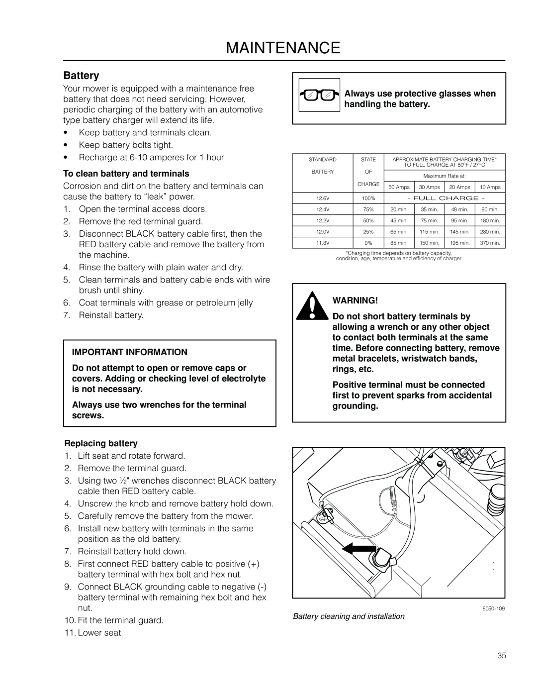 McCulloch 966564001 Battery, To clean battery and terminals, Always use two wrenches for the terminal screws, Maintenance 