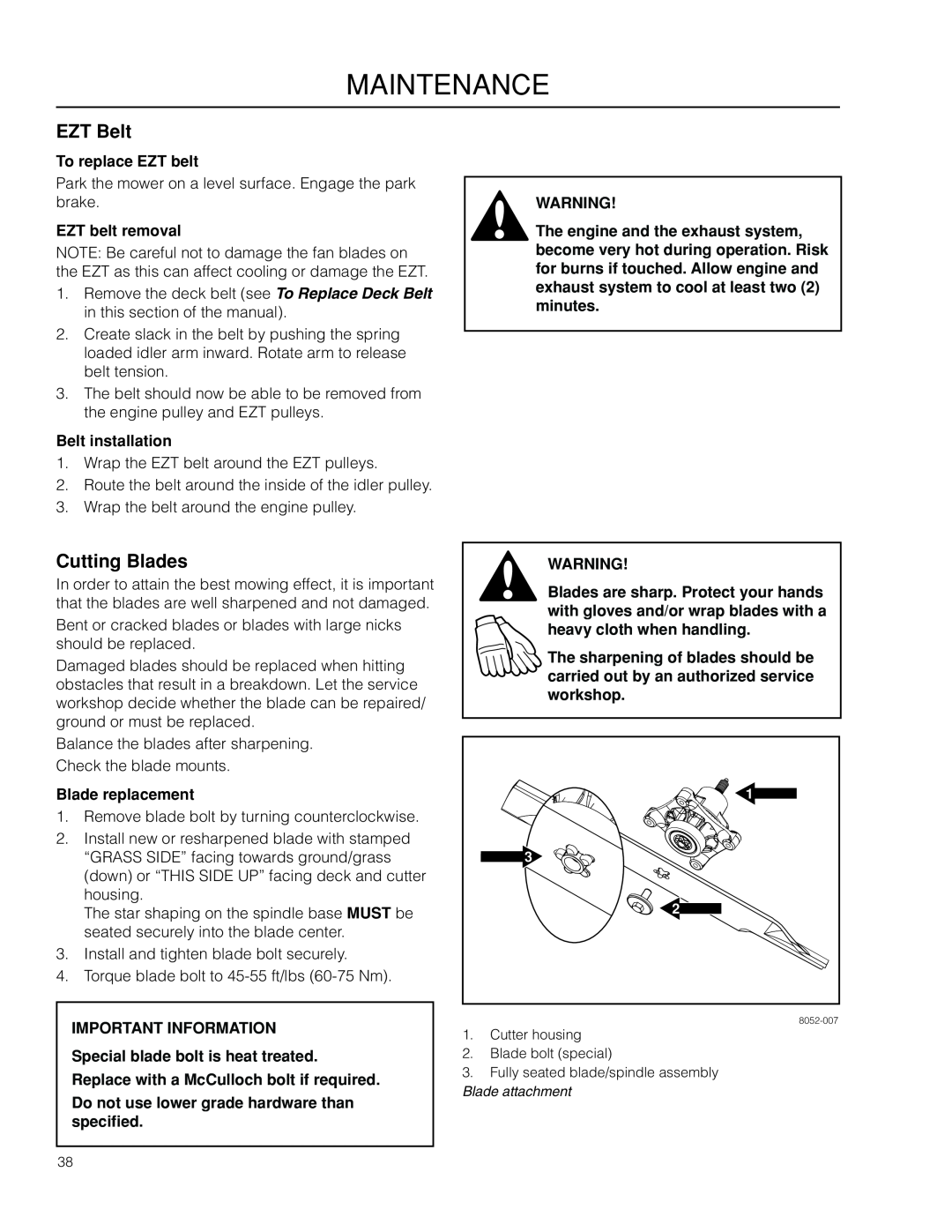 McCulloch ZM3016 BF EZT Belt, Cutting Blades, To replace EZT belt, EZT belt removal, Belt installation, Blade replacement 