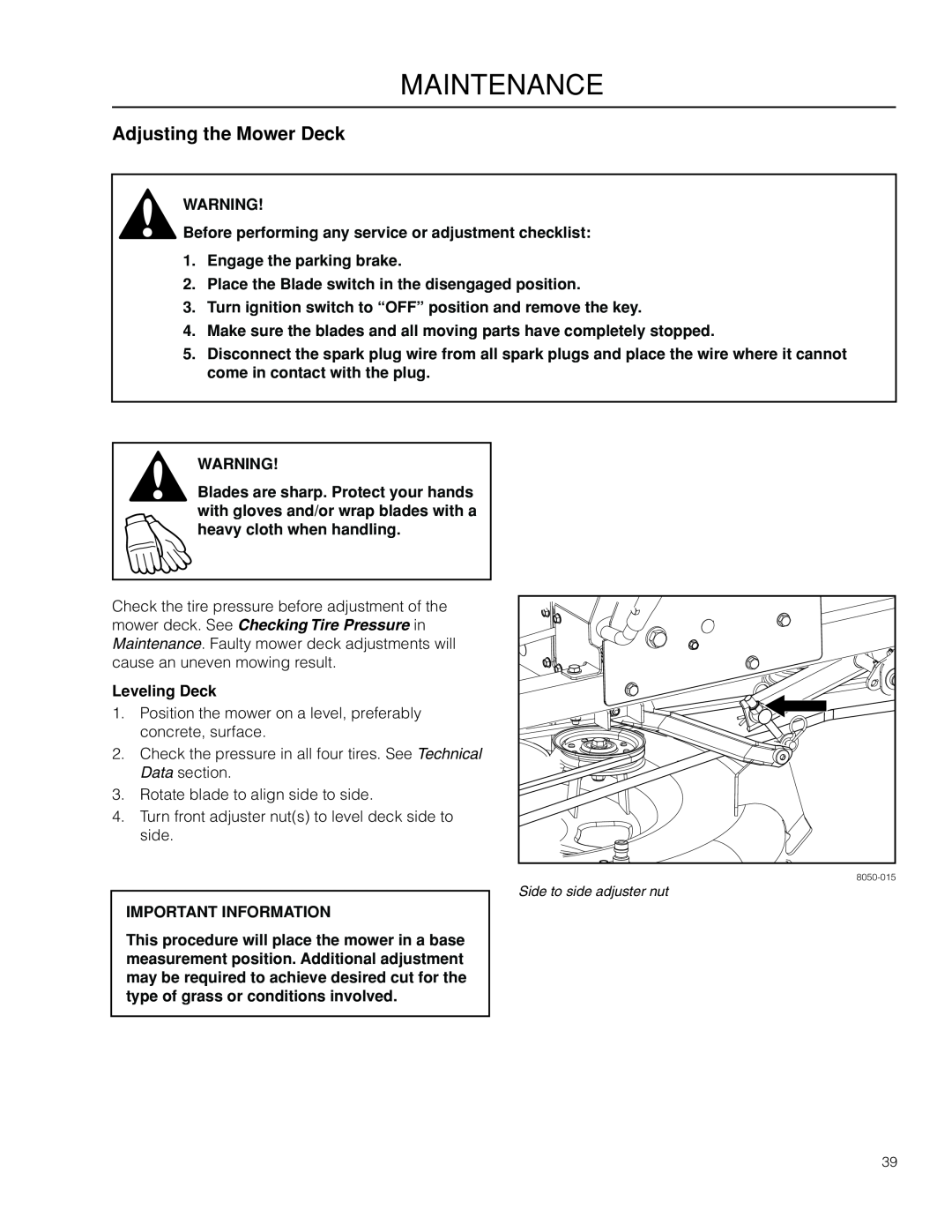 McCulloch 966564001 Adjusting the Mower Deck, Engage the parking brake, Leveling Deck, Maintenance, Important Information 