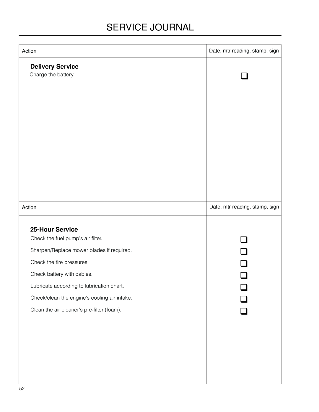 McCulloch ZM3016 BF, 966564001 manual HourService, Service Journal, Delivery Service 