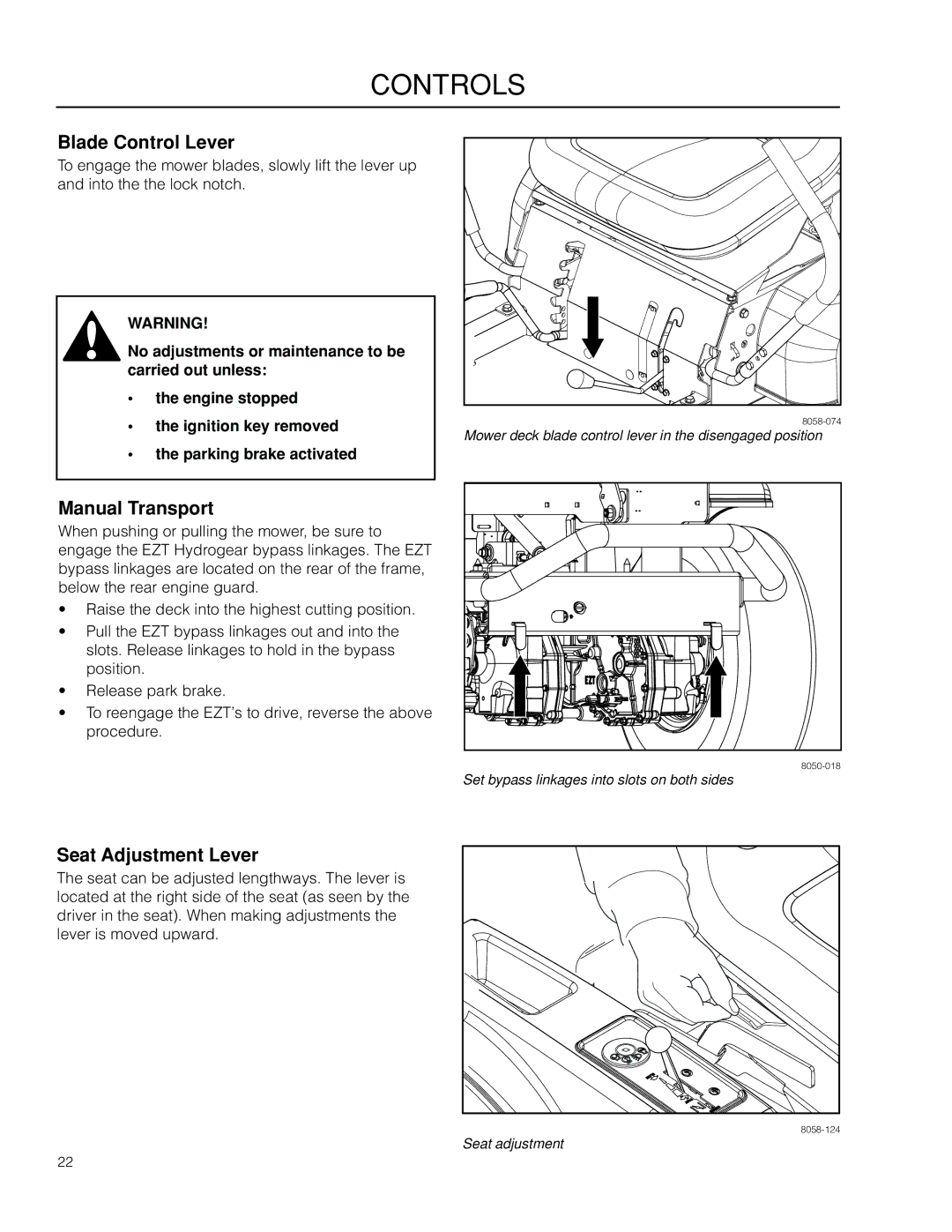 McCulloch ZM3016BF/966564001 manual Blade Control Lever, Manual Transport, Seat Adjustment Lever 