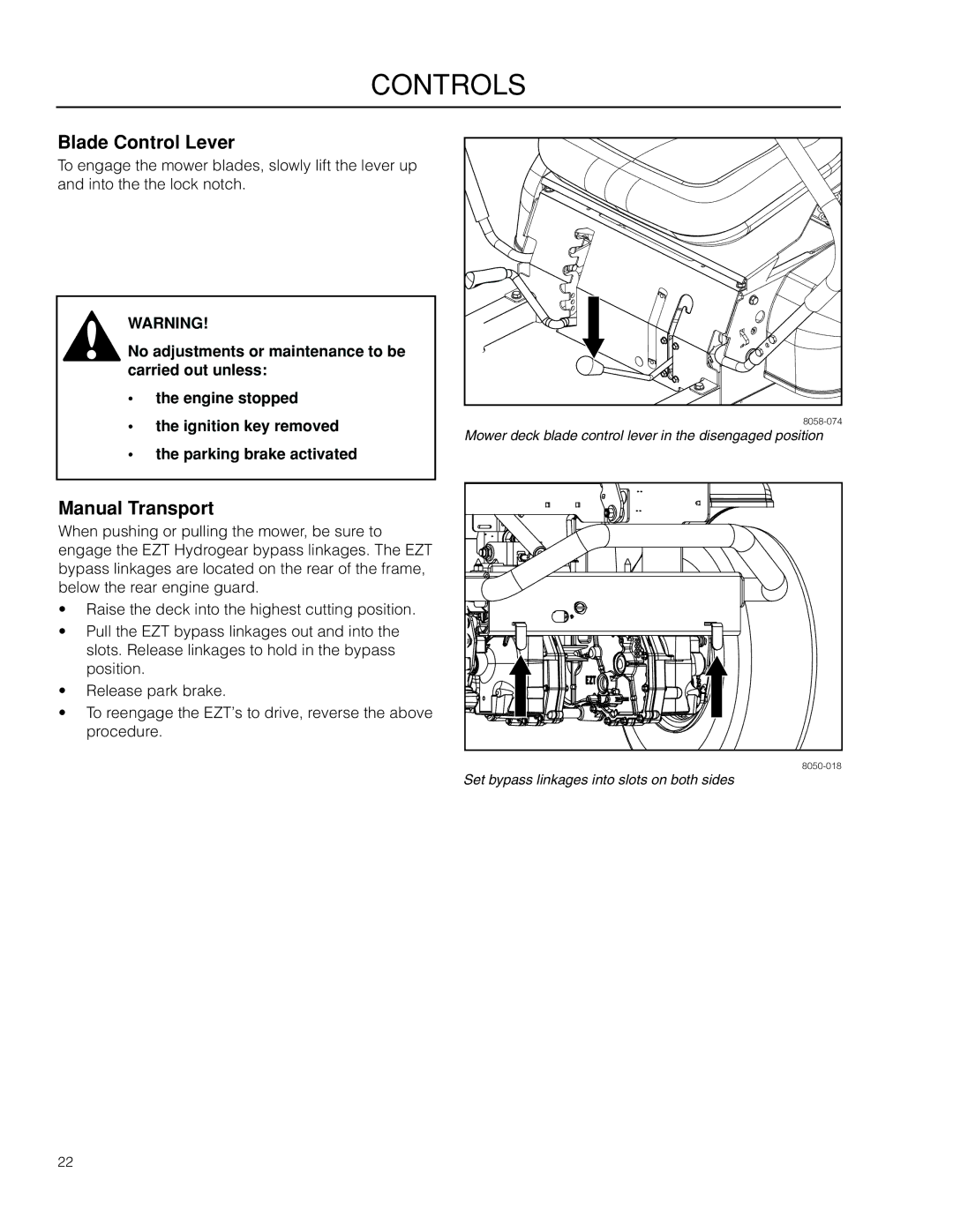 McCulloch ZM3816 BF, 966582001 manual Blade Control Lever, Manual Transport 