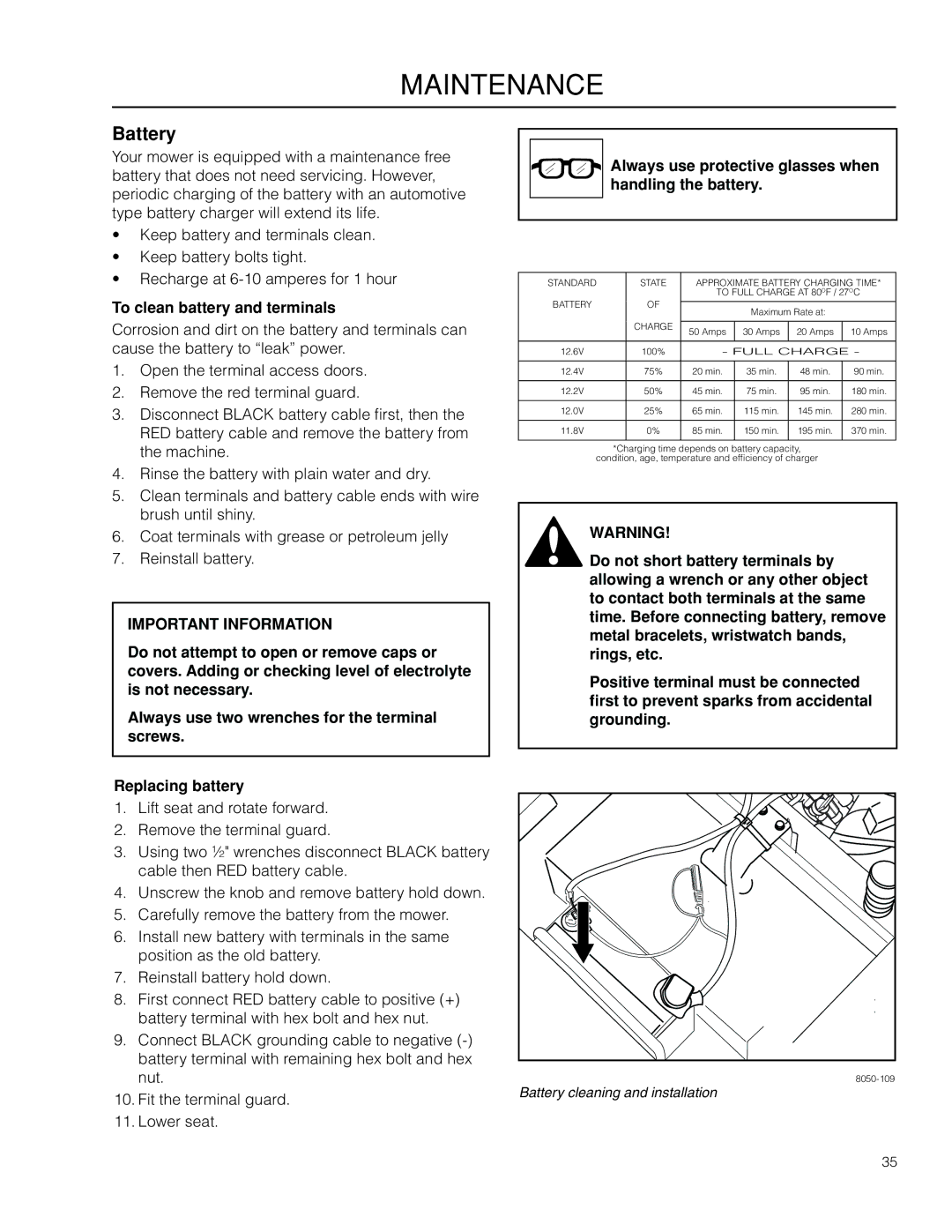 McCulloch 966582001 manual Battery, To clean battery and terminals, Always use protective glasses when handling the battery 