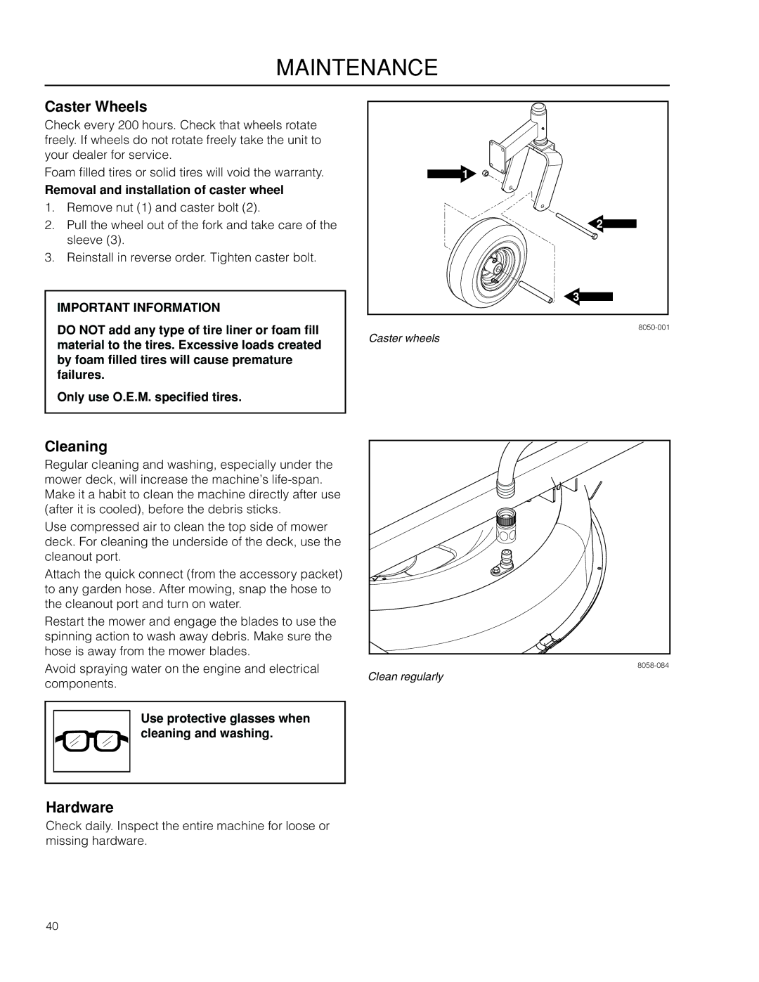 McCulloch ZM3816 BF, 966582001 manual Caster Wheels, Cleaning, Hardware, Removal and installation of caster wheel 