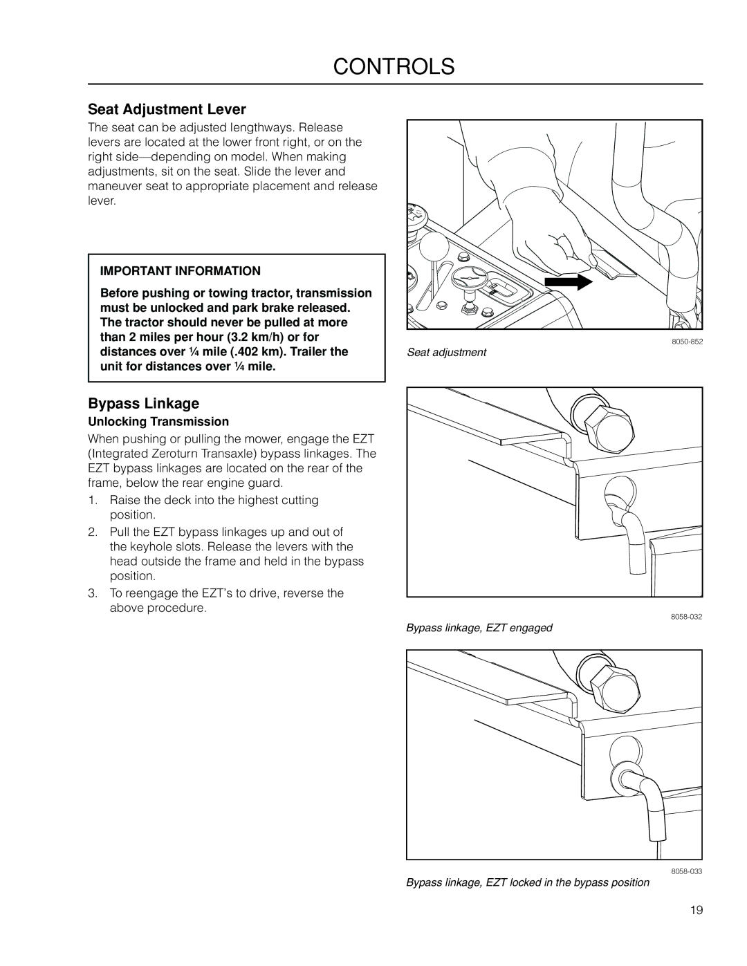 McCulloch 966564101, ZM4619 manual Seat Adjustment Lever, Bypass Linkage, Unlocking Transmission 