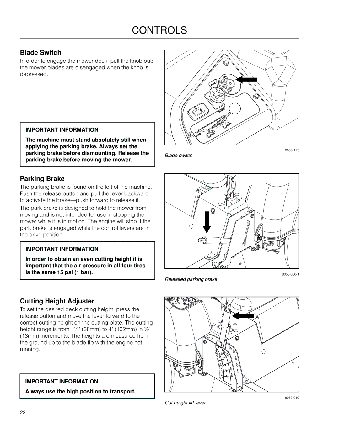 McCulloch ZM4619 manual Blade Switch, Parking Brake, Cutting Height Adjuster, Always use the high position to transport 