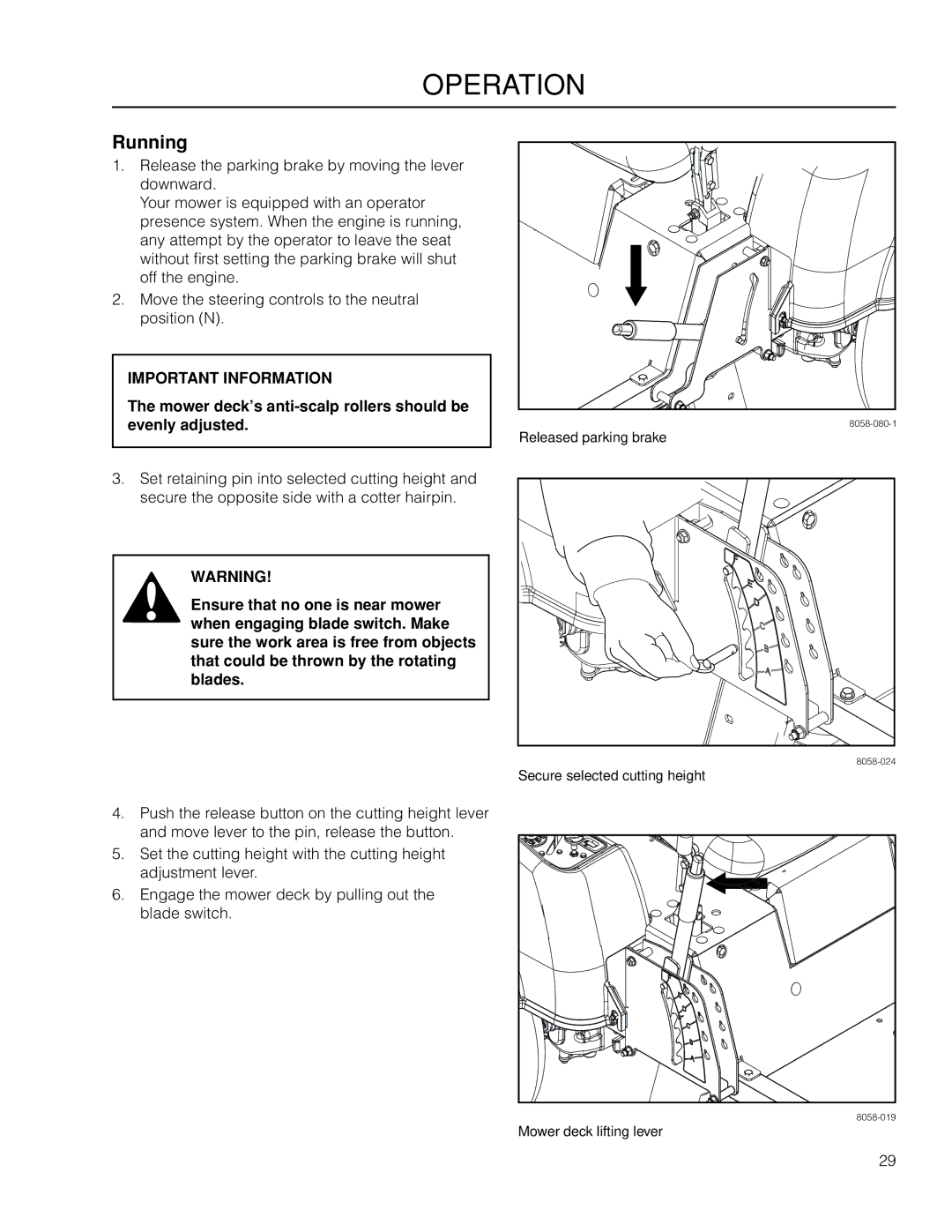 McCulloch 966564101, ZM4619 manual Running, Mower deck’s anti-scalp rollers should be evenly adjusted 