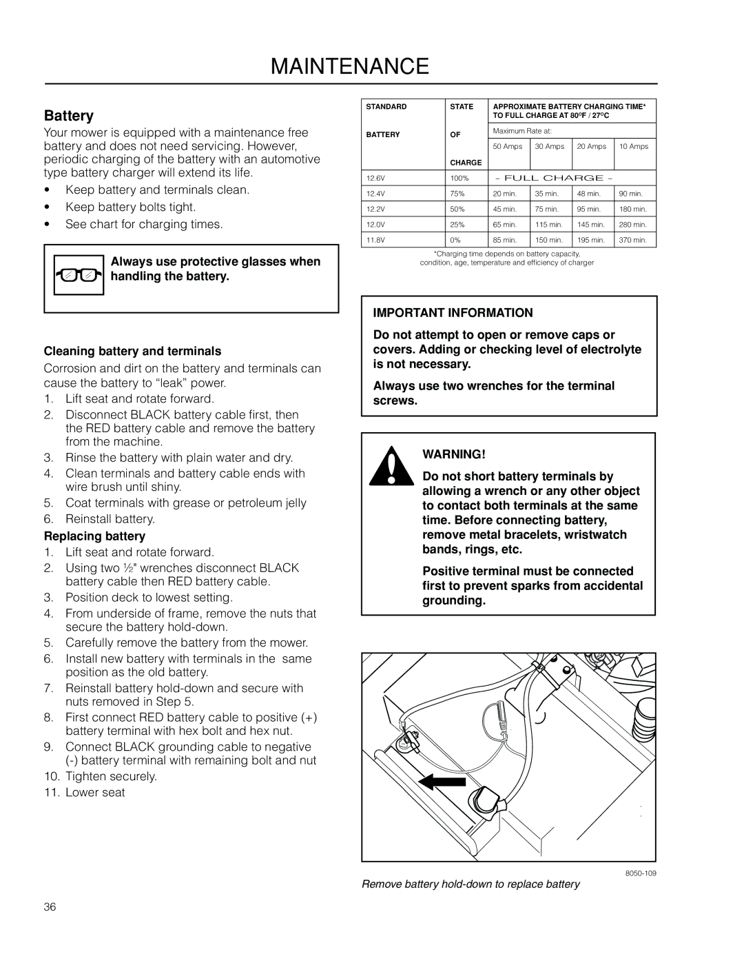 McCulloch ZM4619, 966564101 manual Battery, Replacing battery 