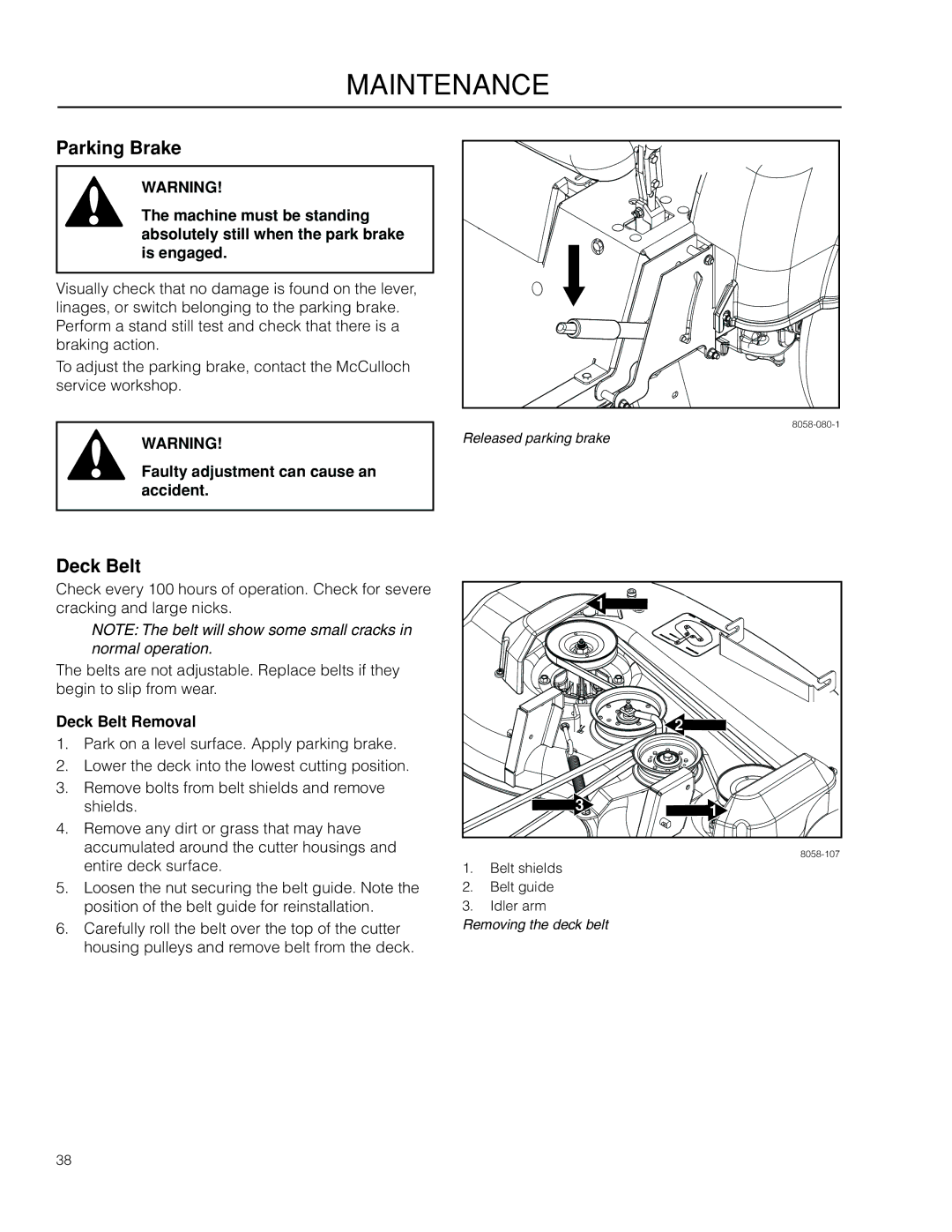 McCulloch ZM4619, 966564101 manual Faulty adjustment can cause an accident, Deck Belt Removal 