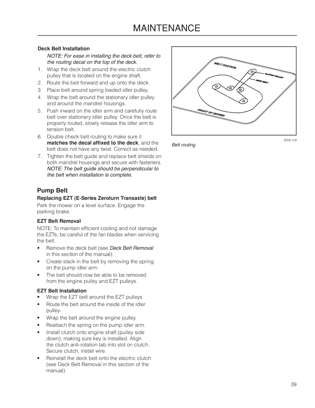 McCulloch 966564101 Pump Belt, Deck Belt Installation, Replacing EZT E-Series Zeroturn Transaxle belt, EZT Belt Removal 