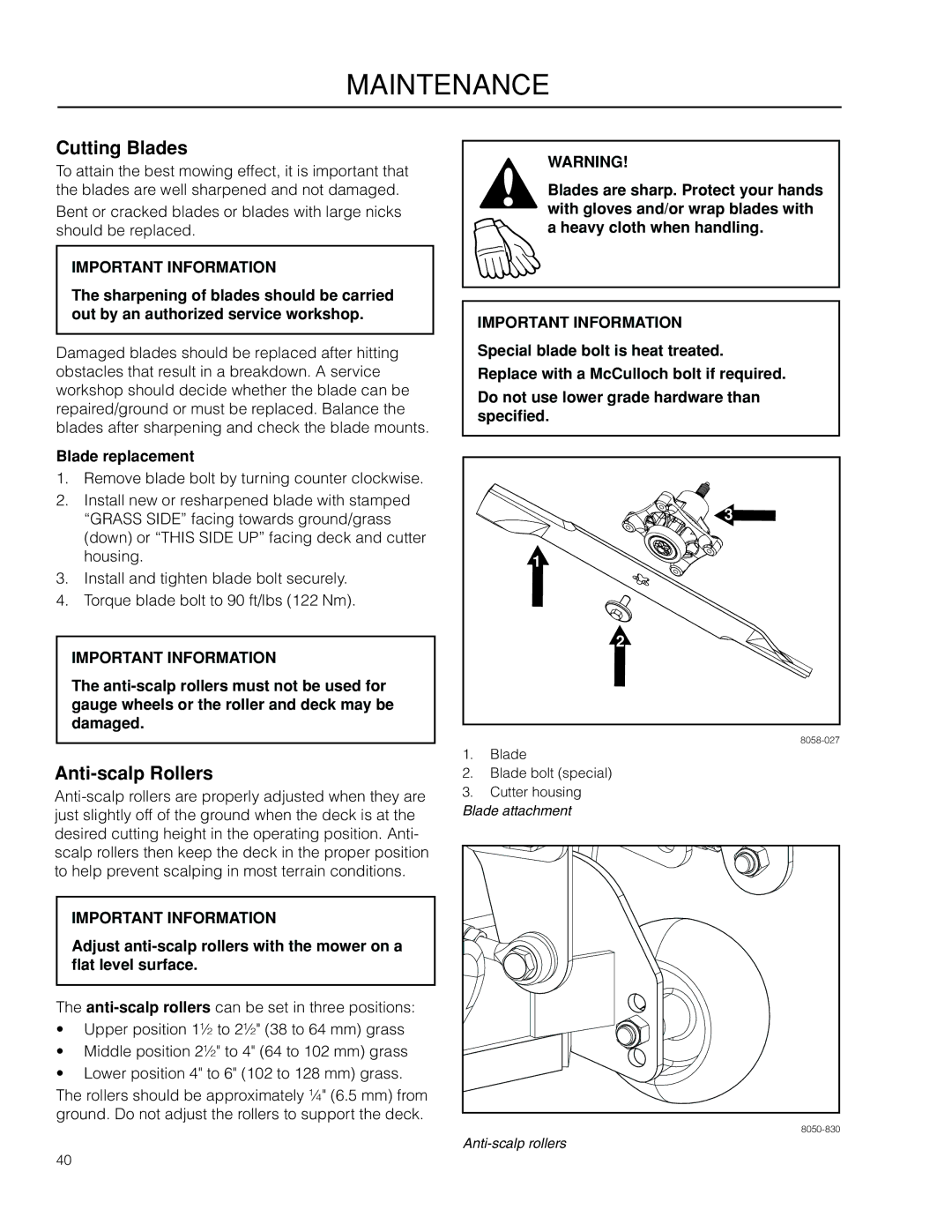 McCulloch ZM4619, 966564101 manual Cutting Blades, Anti-scalp Rollers, Blade replacement 