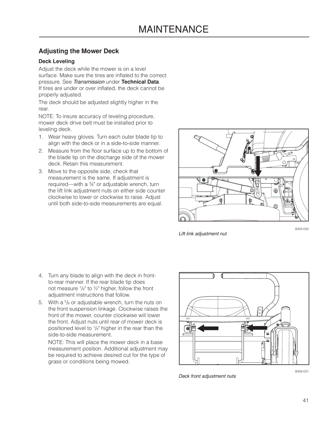 McCulloch 966564101, ZM4619 manual Adjusting the Mower Deck, Deck Leveling 