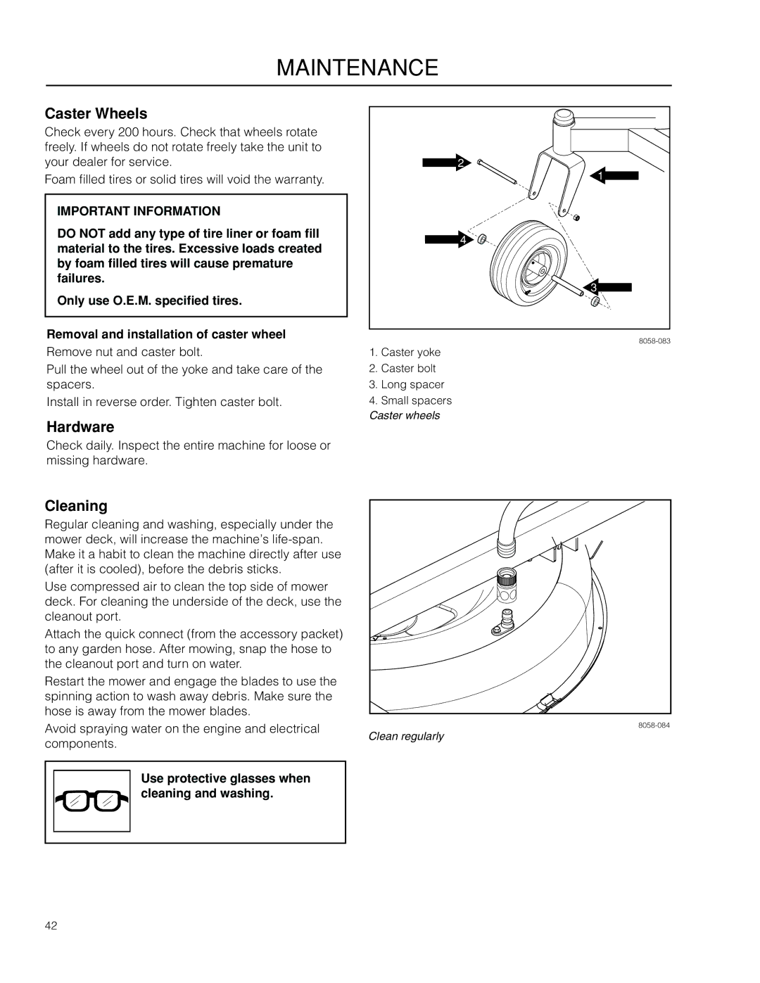 McCulloch ZM4619, 966564101 manual Caster Wheels, Hardware, Cleaning, Use protective glasses when cleaning and washing 