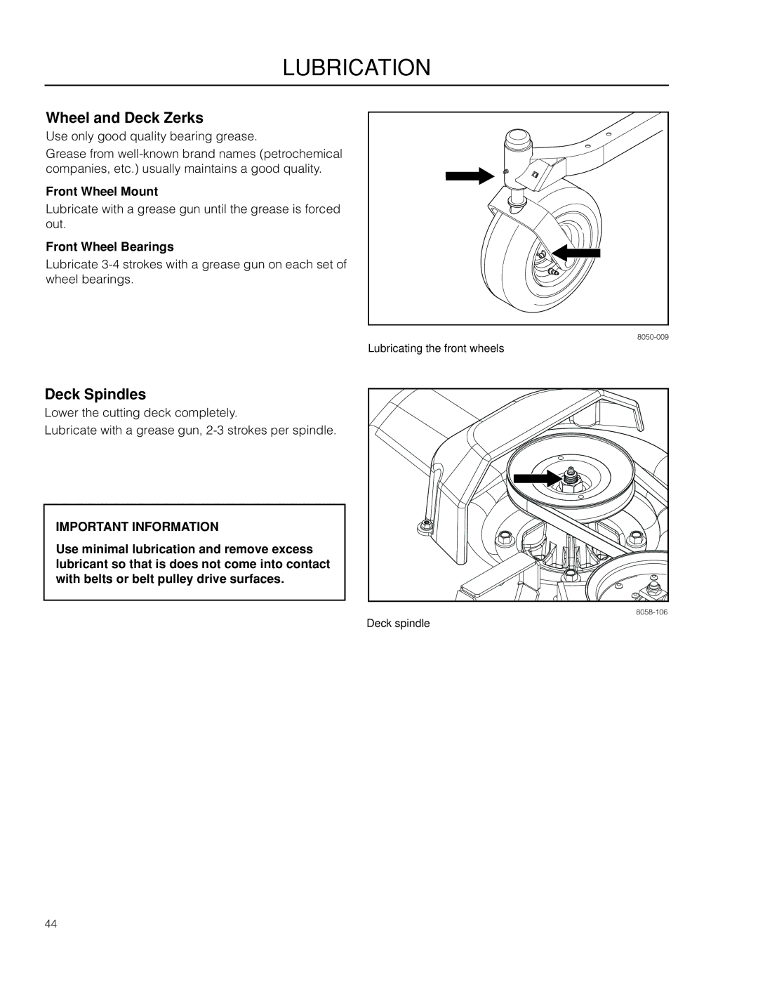 McCulloch ZM4619, 966564101 manual Wheel and Deck Zerks, Deck Spindles, Front Wheel Mount, Front Wheel Bearings 