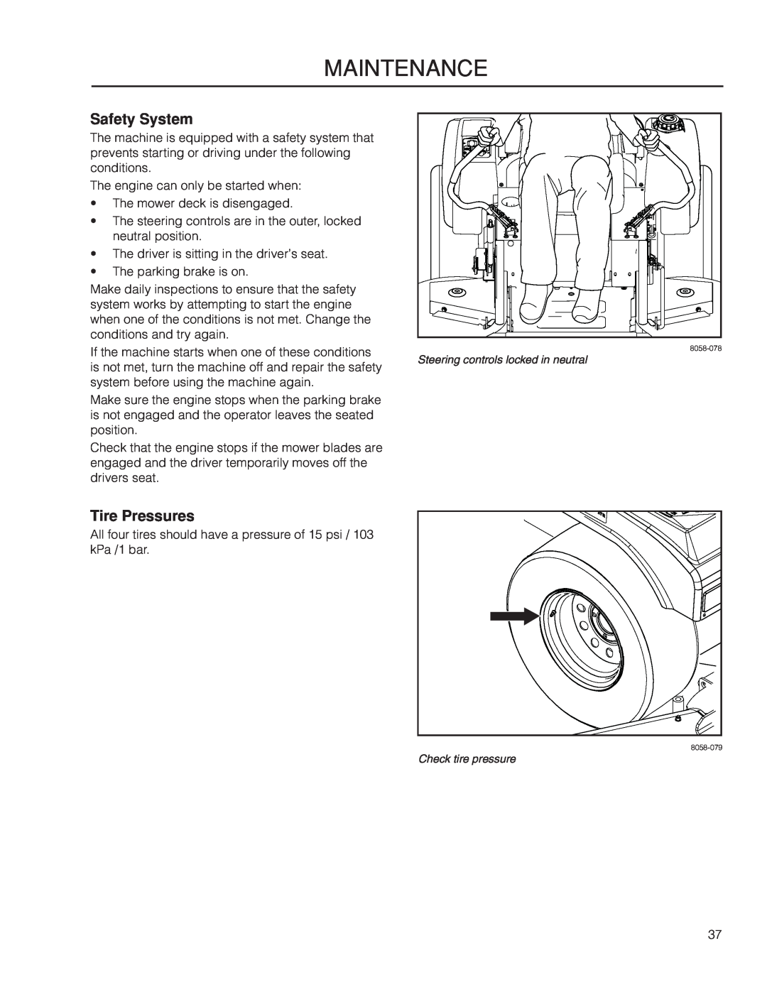 McCulloch 966564101, ZM4619 manual Safety System, Tire Pressures, Maintenance 