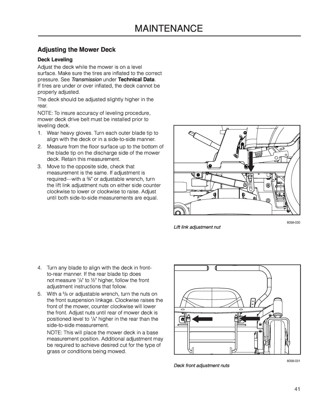 McCulloch 966564101, ZM4619 manual Adjusting the Mower Deck, Deck Leveling, Maintenance 