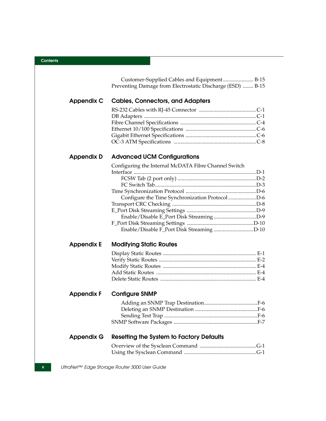 McDATA 3000 Appendix C Cables, Connectors, and Adapters, Appendix D Advanced UCM Configurations, Appendix F Configure Snmp 