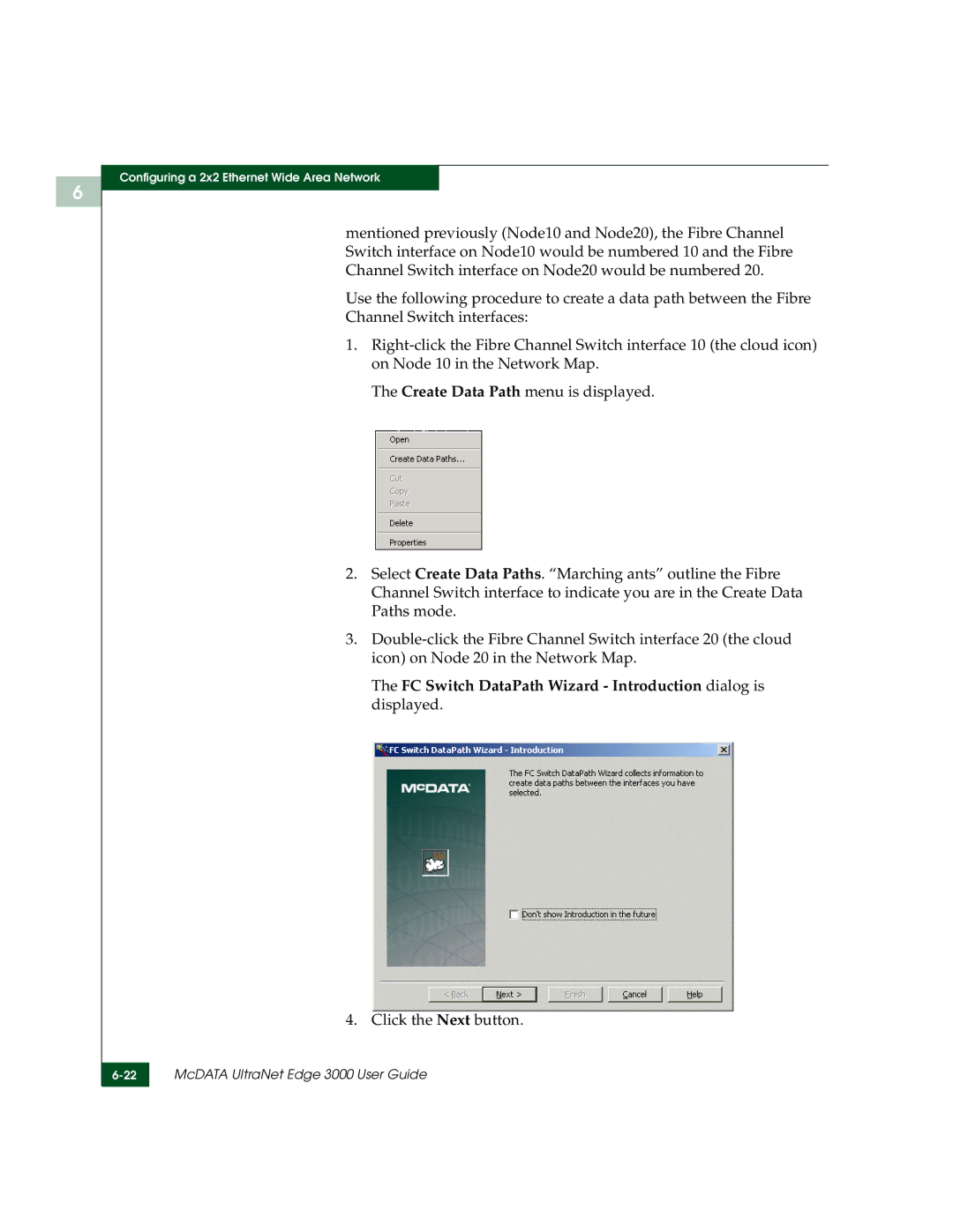 McDATA 3000 manual FC Switch DataPath Wizard Introduction dialog is displayed, Click the Next button 