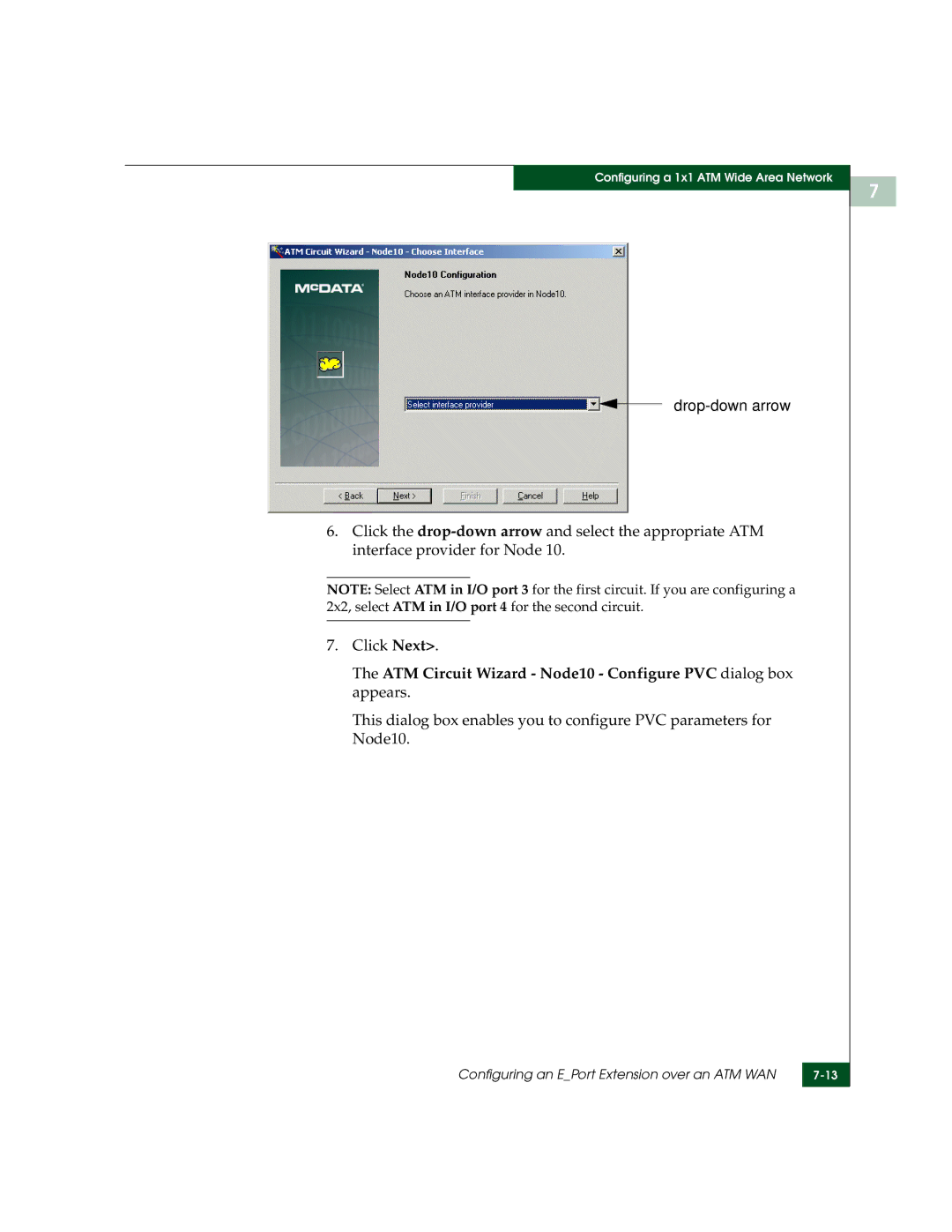 McDATA 3000 manual Drop-down arrow, ATM Circuit Wizard Node10 Configure PVC dialog box appears 