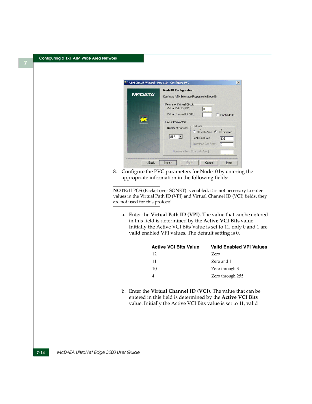 McDATA 3000 manual Active VCI Bits Value Valid Enabled VPI Values 