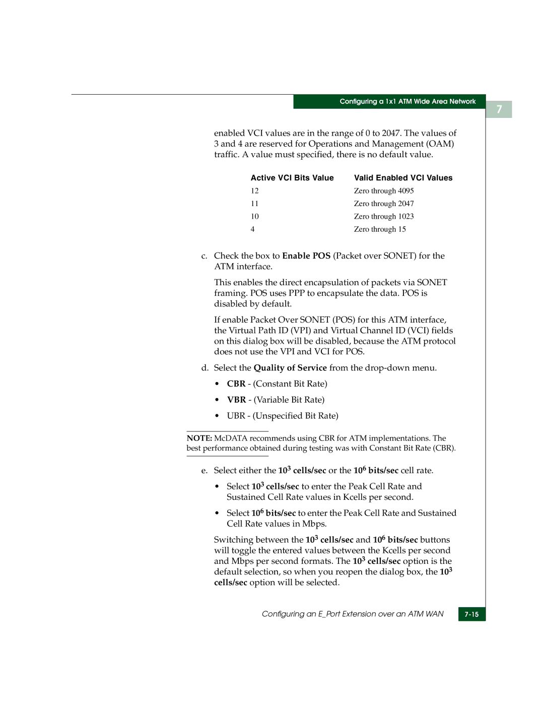 McDATA 3000 manual Active VCI Bits Value Valid Enabled VCI Values 