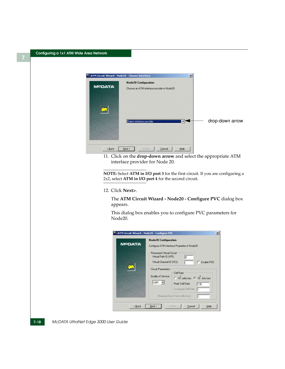 McDATA 3000 manual Drop-down arrow, ATM Circuit Wizard Node20 Configure PVC dialog box appears 