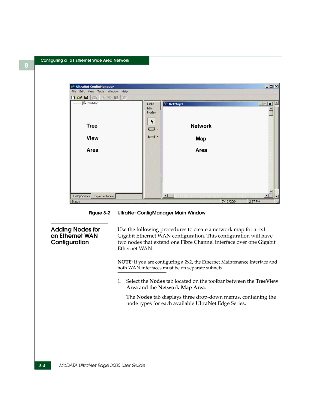 McDATA 3000 manual Adding Nodes for, Area and the Network Map Area 