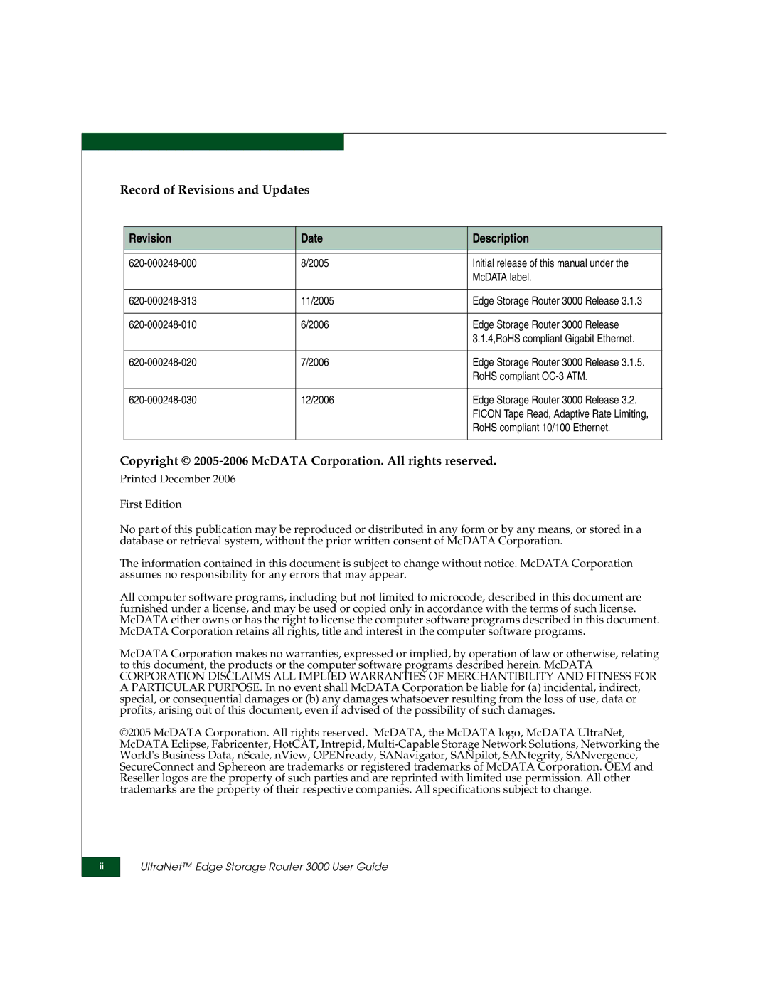 McDATA 3000 manual Record of Revisions and Updates, Copyright 2005-2006 McDATA Corporation. All rights reserved 