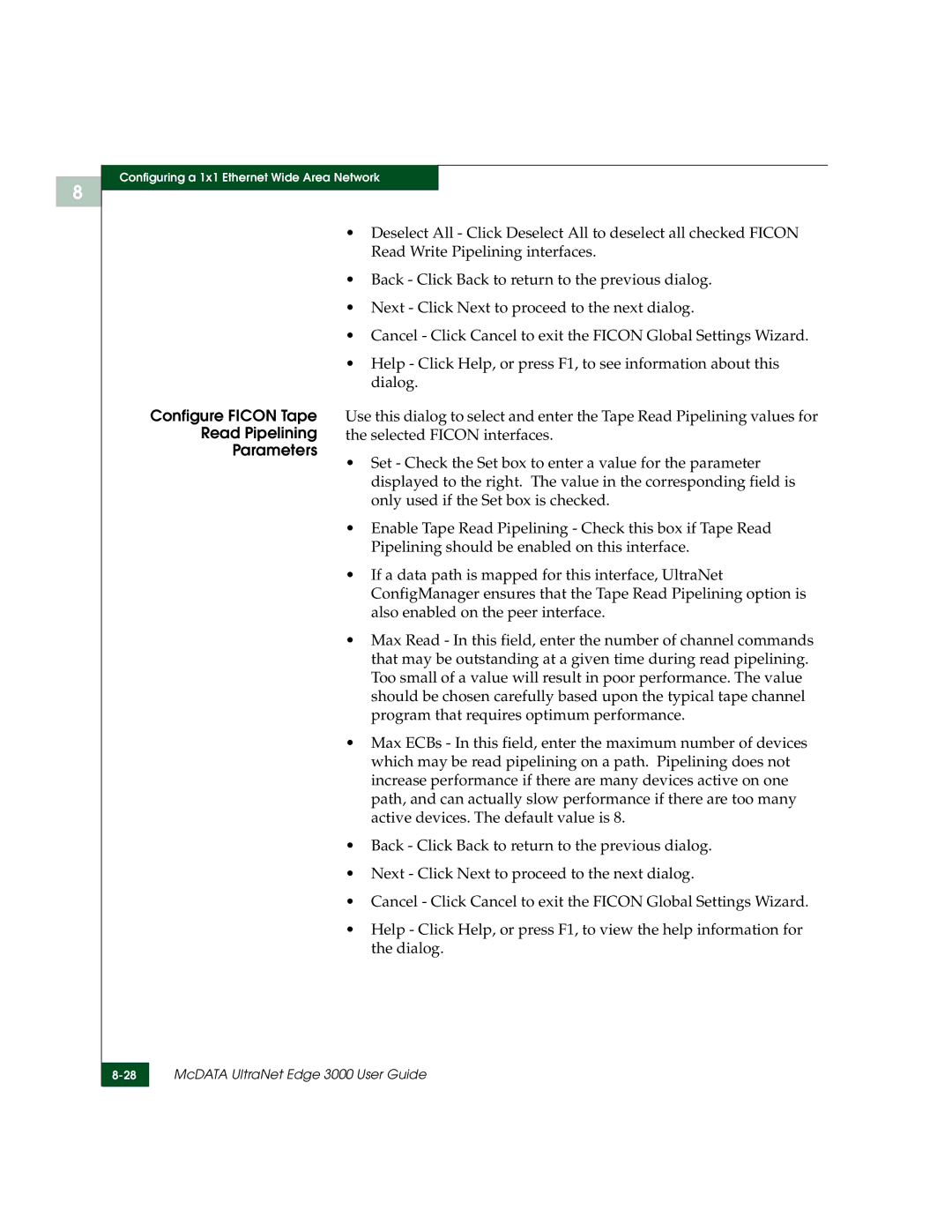 McDATA 3000 manual Configure Ficon Tape Read Pipelining Parameters 