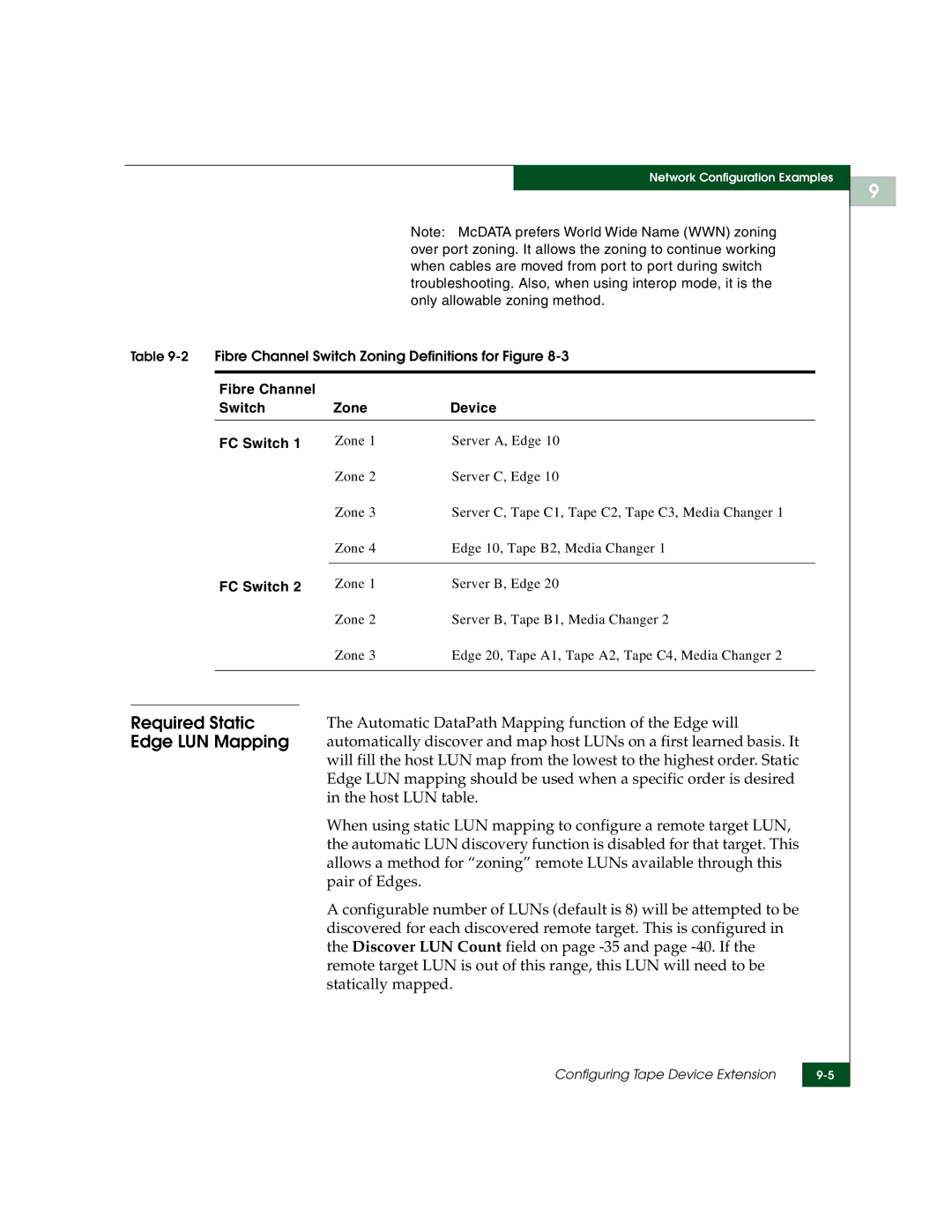 McDATA 3000 manual Required Static, Edge LUN Mapping, Automatic DataPath Mapping function of the Edge will 