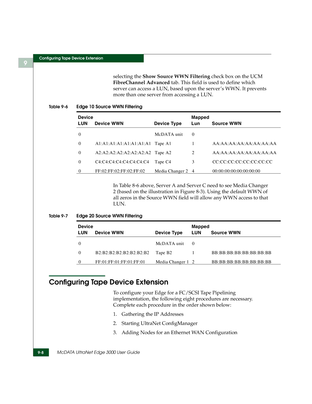 McDATA 3000 manual Configuring Tape Device Extension, Device WWN Device Type Lun Source WWN 