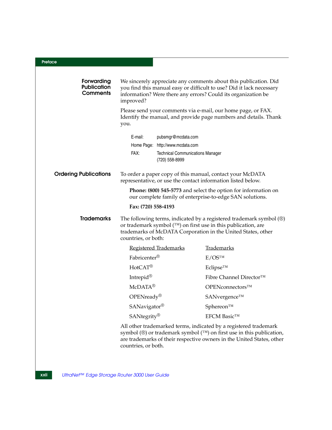 McDATA 3000 manual Forwarding Publication Comments, Fax 720 