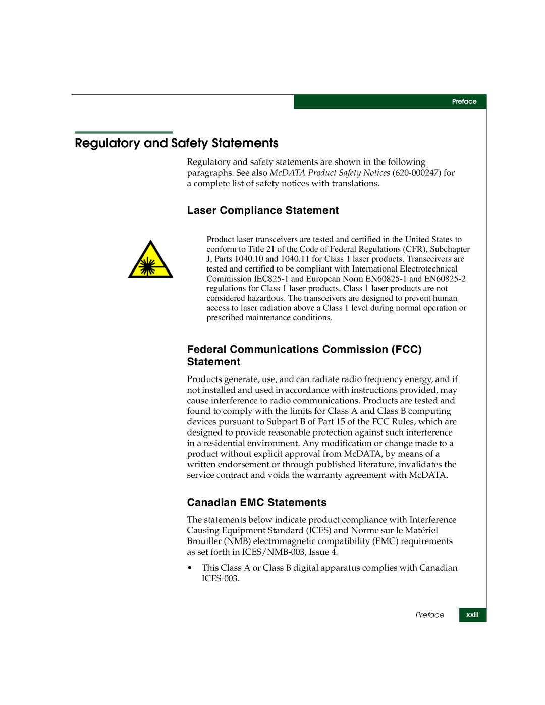 McDATA 3000 manual Regulatory and Safety Statements, Laser Compliance Statement 