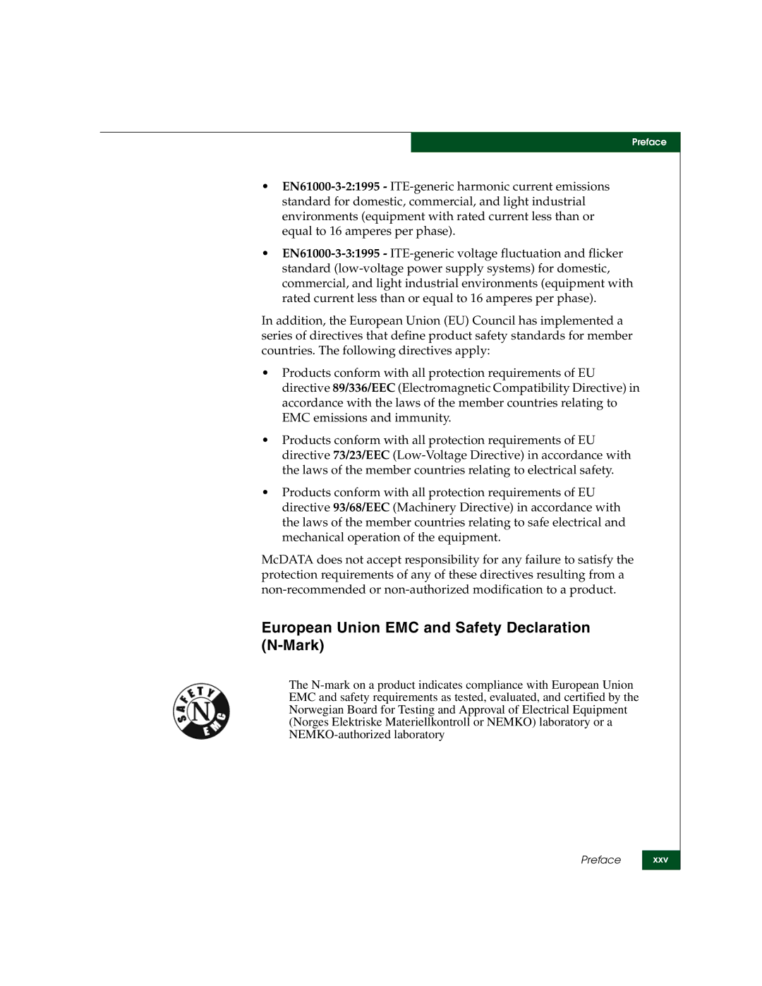 McDATA 3000 manual European Union EMC and Safety Declaration N-Mark 