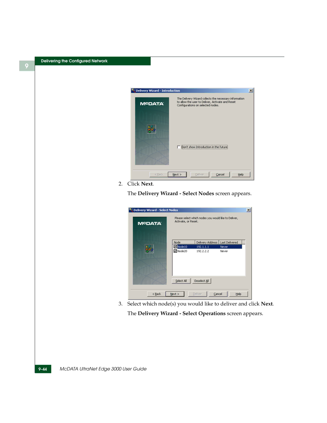 McDATA 3000 manual Delivery Wizard Select Nodes screen appears 