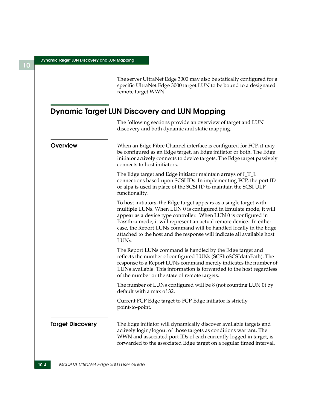 McDATA 3000 manual Dynamic Target LUN Discovery and LUN Mapping, Overview, Target Discovery 