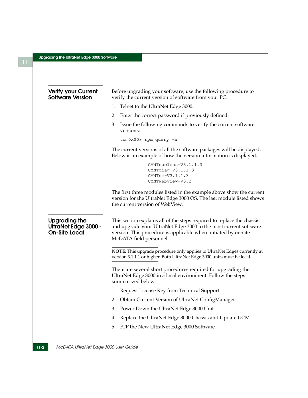 McDATA 3000 manual Verify your Current, Software Version, Upgrading, UltraNet Edge, On-Site Local 