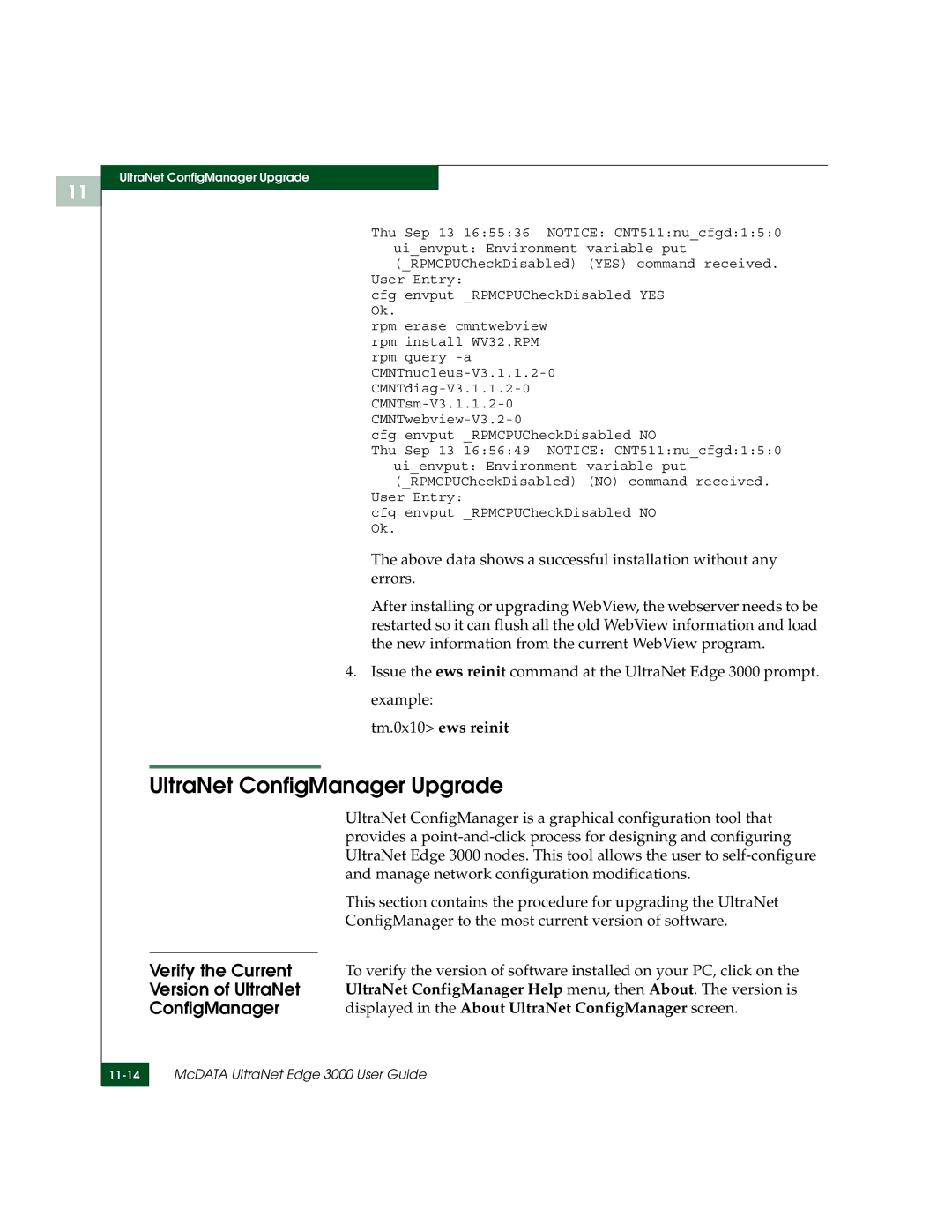 McDATA 3000 manual UltraNet ConfigManager Upgrade, Verify the Current, Version of UltraNet, Tm.0x10 ews reinit 