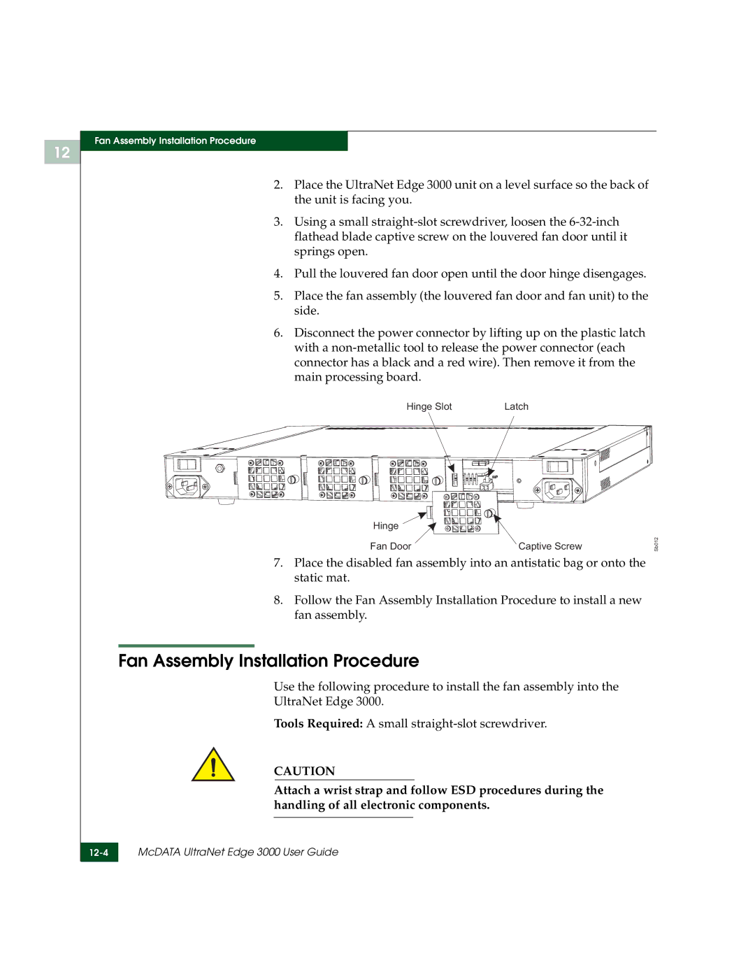 McDATA 3000 manual Fan Assembly Installation Procedure 