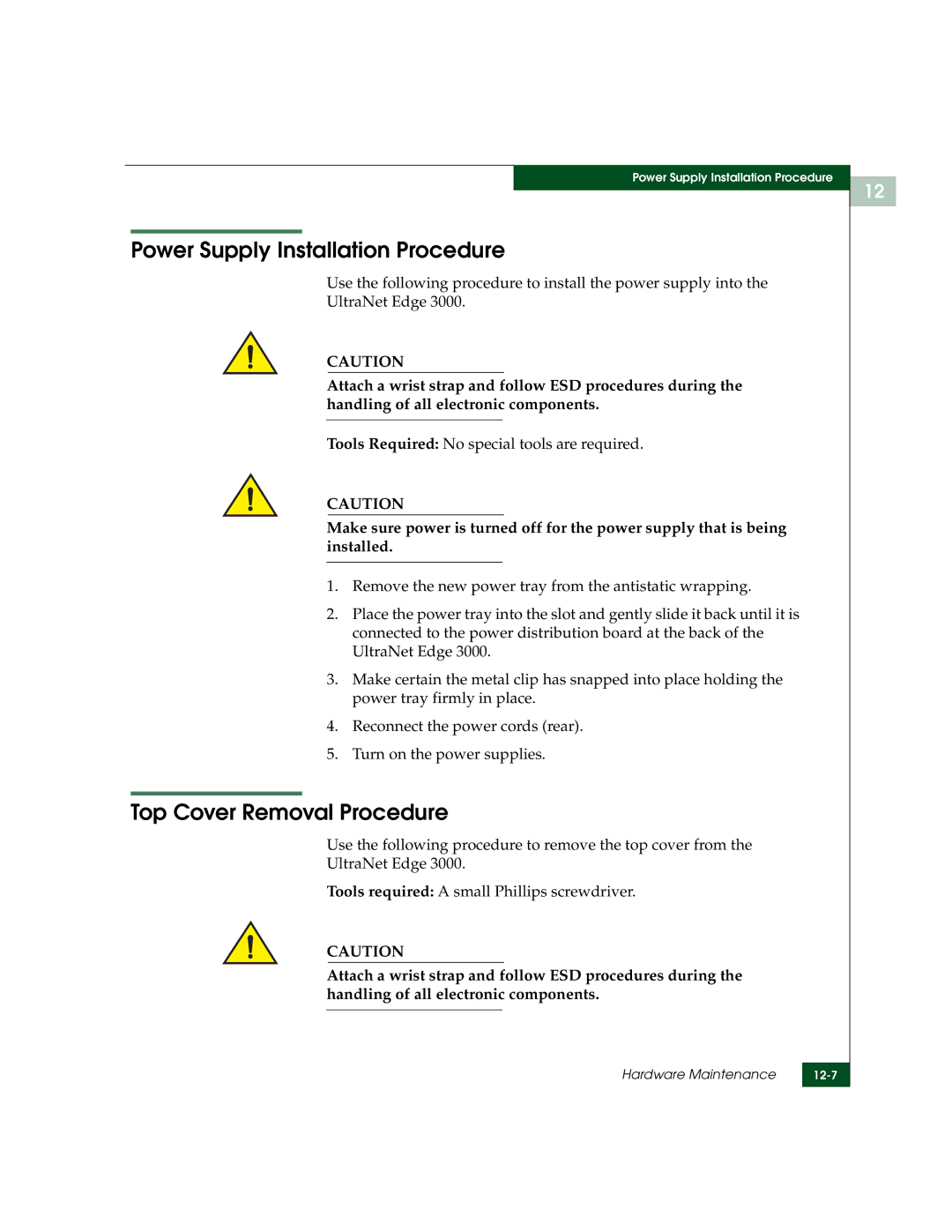 McDATA 3000 manual Power Supply Installation Procedure, Top Cover Removal Procedure 