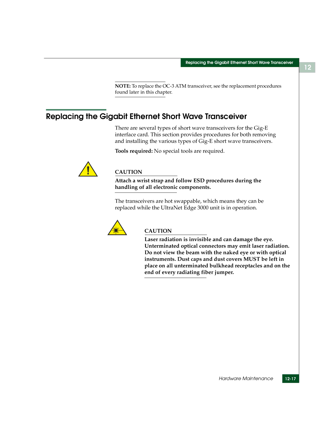 McDATA 3000 manual Replacing the Gigabit Ethernet Short Wave Transceiver 